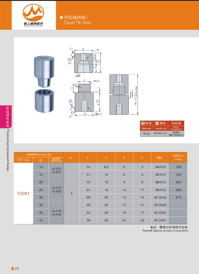 0.005 Axiality Tapered Locating Pins , SUJ2 Conical Inner Hole Taper